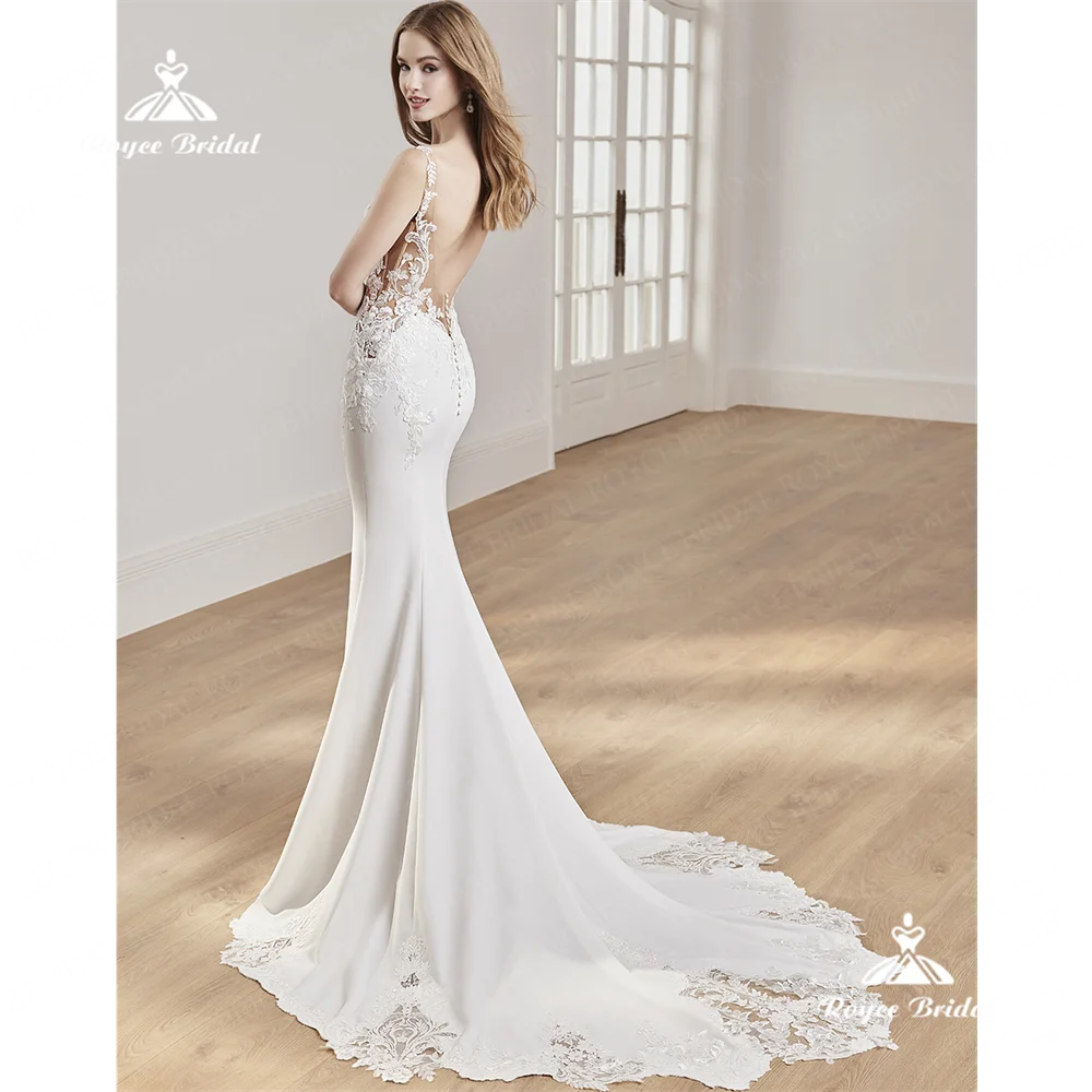 Roycebridal-V-Neck فستان زفاف حورية البحر ، ساتان عاري الظهر بالدانتيل ، فساتين قطار المحكمة ،