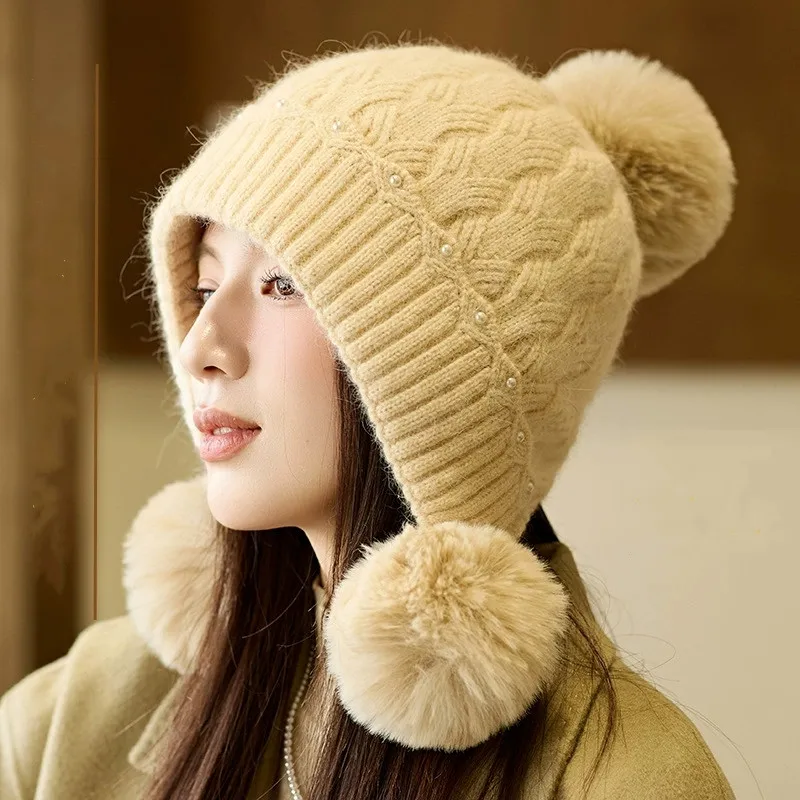High-End Knit Beanie for Women Winter Outdoor Cold-Proof Hat with Three Pom-Poms Ear Protection Warm Rabbit Hair Hat