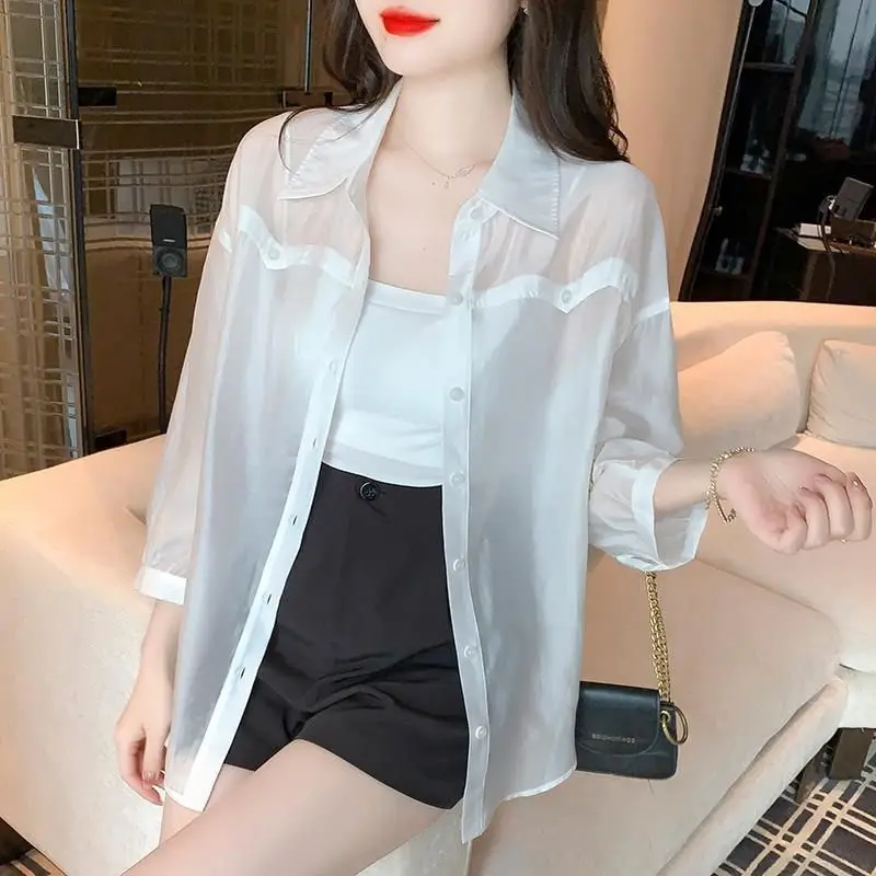 Spring and Autumn Women\'s Solid Color POLO Neck Button Mid Length Loose Sleeve Shirt Fashion Casual Elegant Commuter Tops