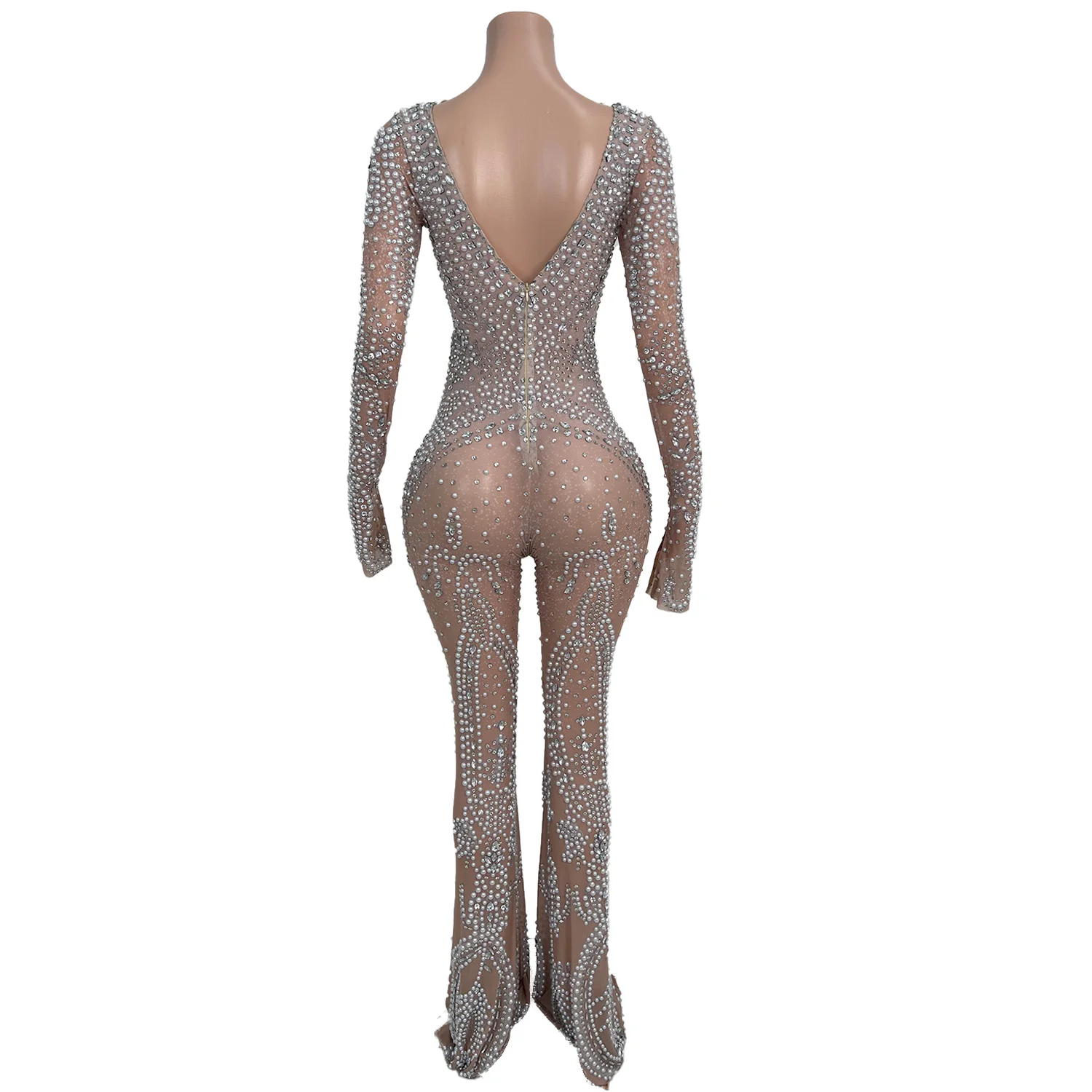 Monos de pierna ancha transparentes con perlas y diamantes de imitación para mujer, peleles ajustados de malla, monos para fiesta y graduación, traje de Festival