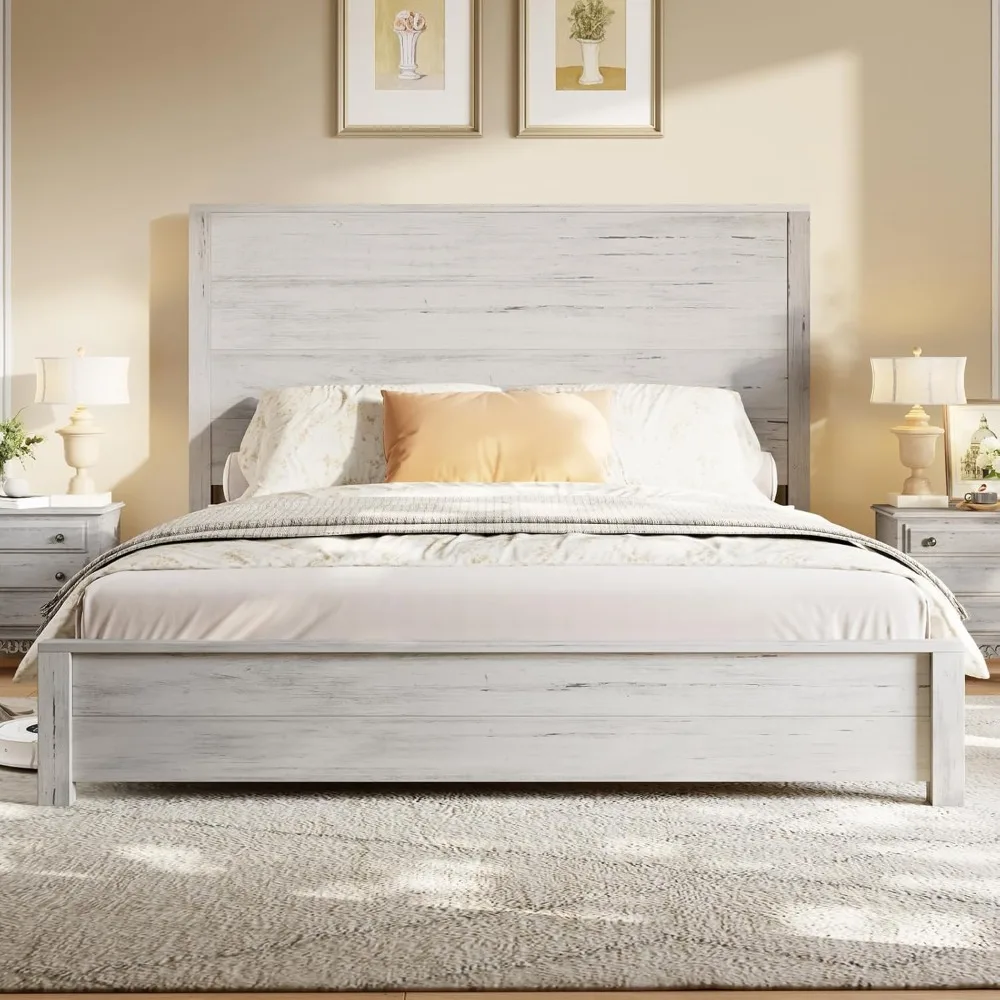 

Full Size Wood Platform Bed, Rustic Bed Frame with 51.2" Tall Slatted Headboard, Wooden Slats & Metal Support, No Box Spring Nee