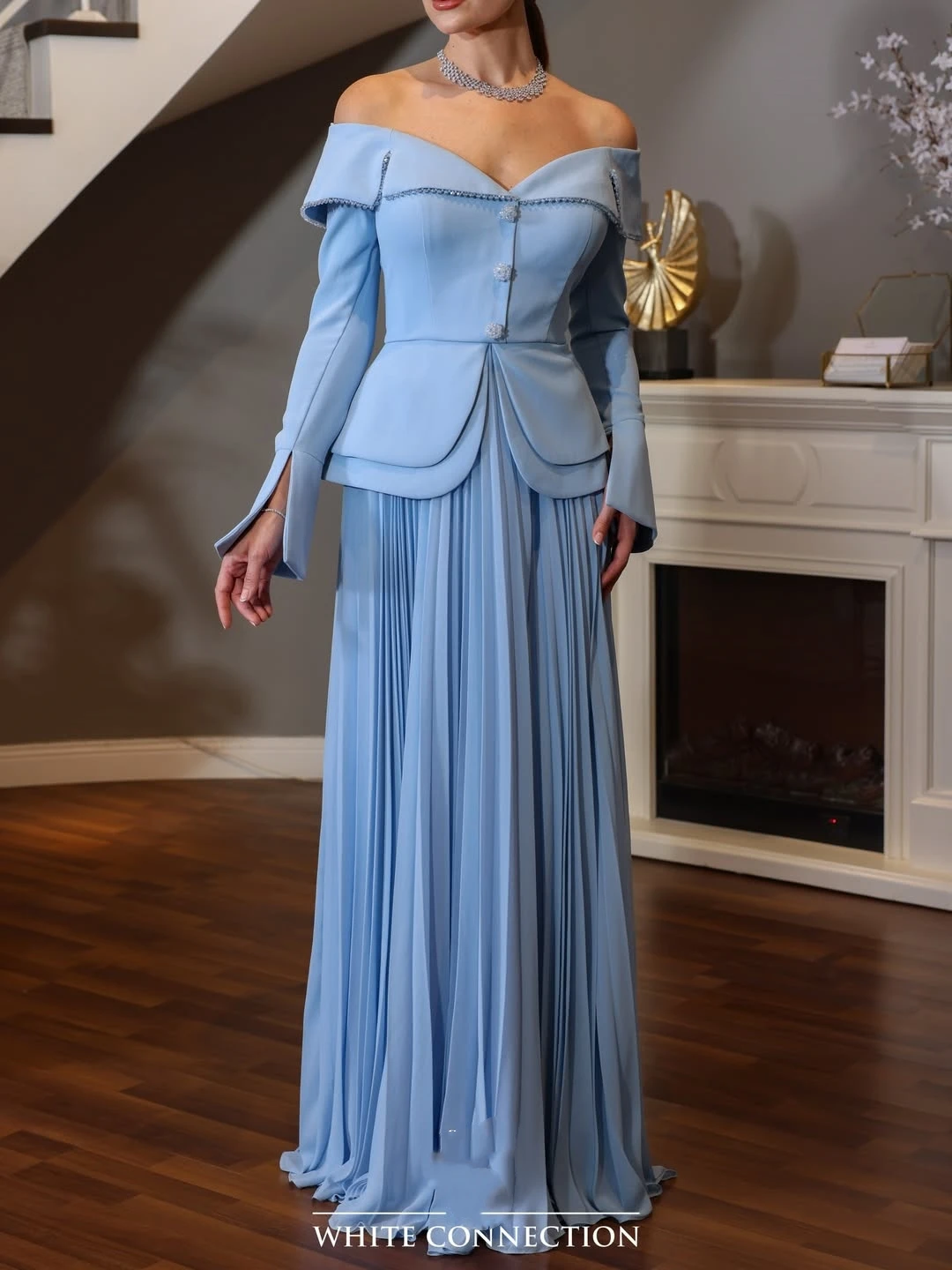 Vestidos de Festa Oisslec Elegantes Vintage Azul Doce com Decote Canoa em Chiffon Personalizados para Ocasiões Formais e Festas Noturnas