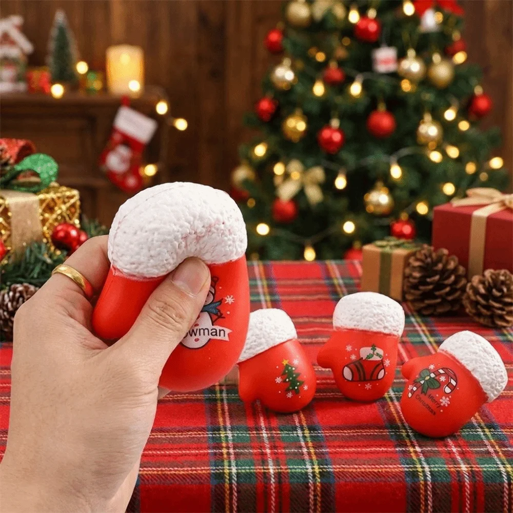TPR Christmas Glove Squishy Toy Soft Snowman Pattern Fidget Squeeze Toy Anxiety Relief Slow Rebound Stress Relief Squishy Toy