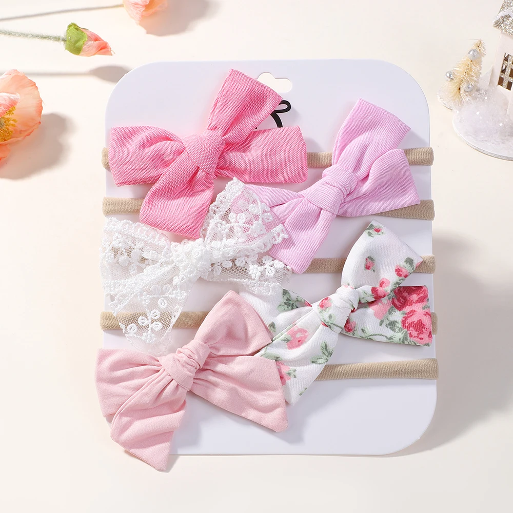

5Pcs Baby Bows Elastic Pink Headband for Girls Nylon Turban HairBands Newborn Toddler Headwrap Kids Hair Accessories