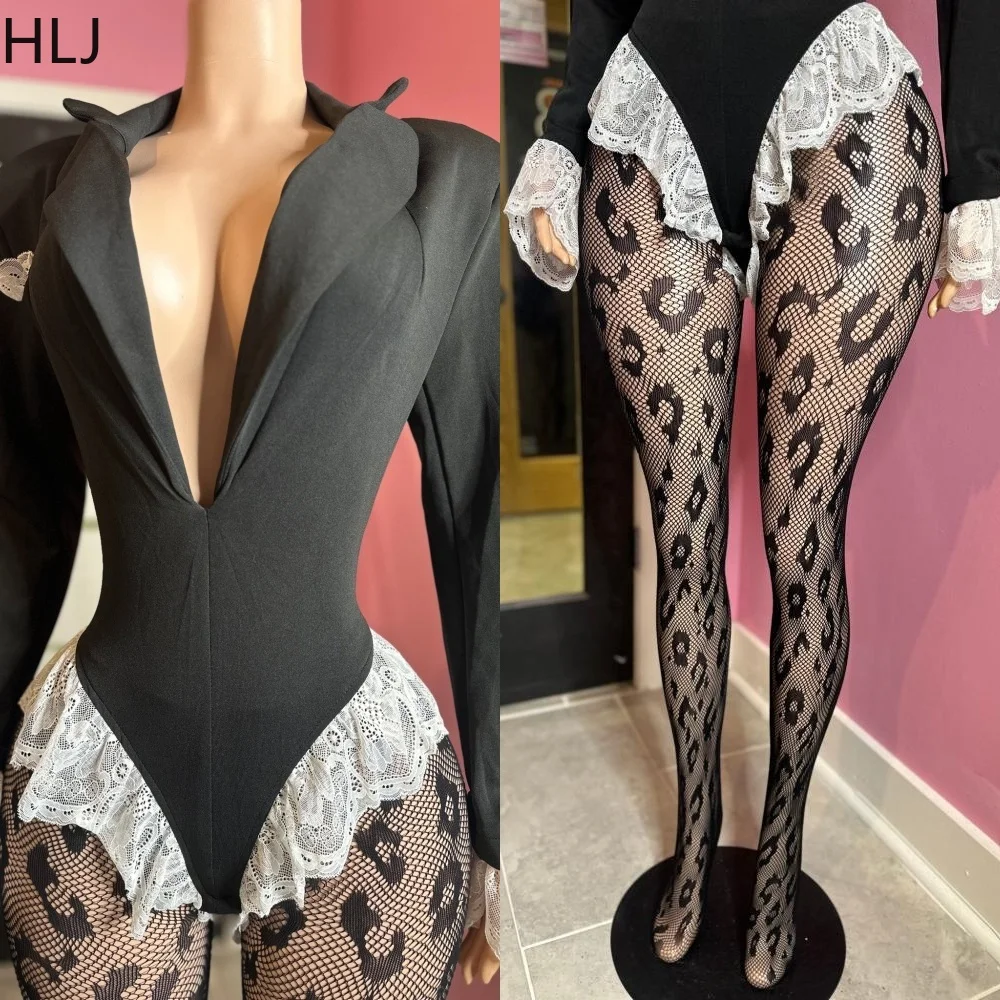 HLJ Spring Black Lace Splicing Bodysuits Two Piece Sets Women Lapel Long Sleeve And Mesh Skinny Socks Outfits Elegant Clothing