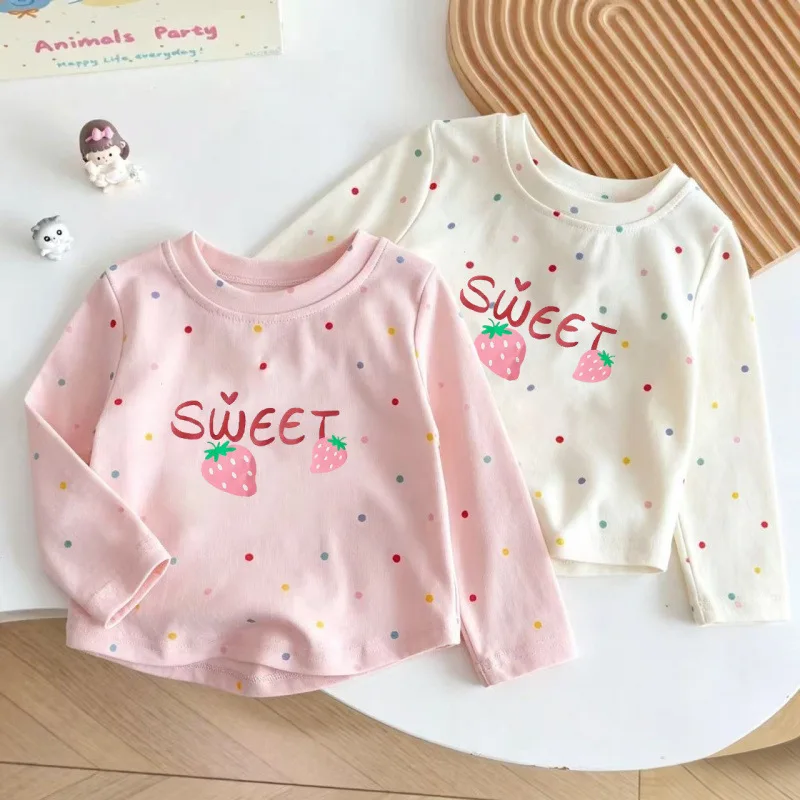 Cotton Girls Spring Autumn Long Sleeve T Shirt New Polka Dot Strawberry Print Cartoon Top Kids Round Neck Undershirt Trendy T