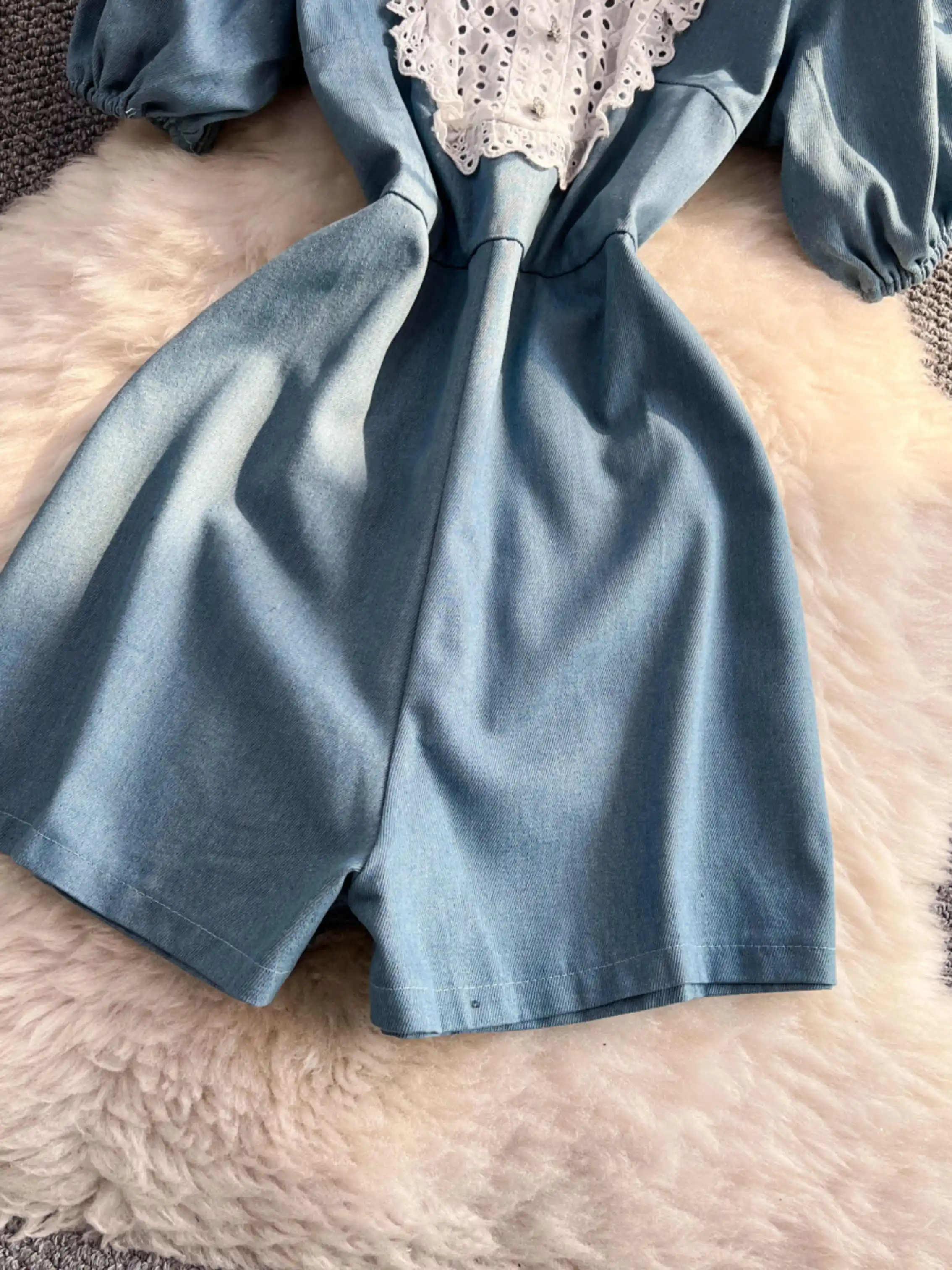 Women Blue Shorts Jumpsuits 90s Vintage Lace Patchwork Playsuits Harajuku Short Sleeve Rompers Jeans Pants Ladies Clothes Summer