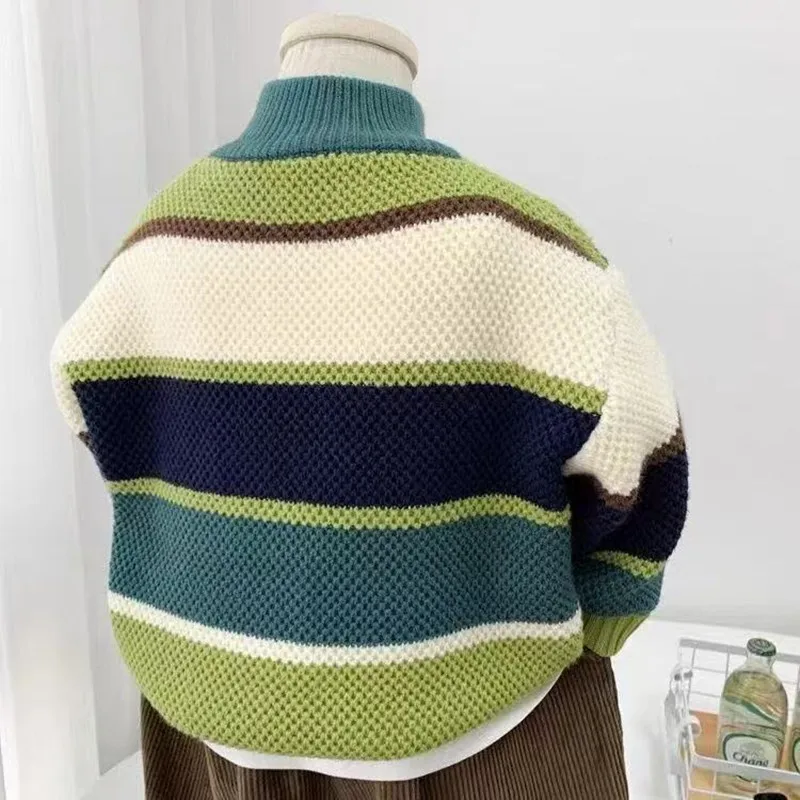 Boys' Semi High Neck Sweater 2025 New Autumn and Winter Children's Contrasting Striped Base Knitted Sweater Boy's Sweater