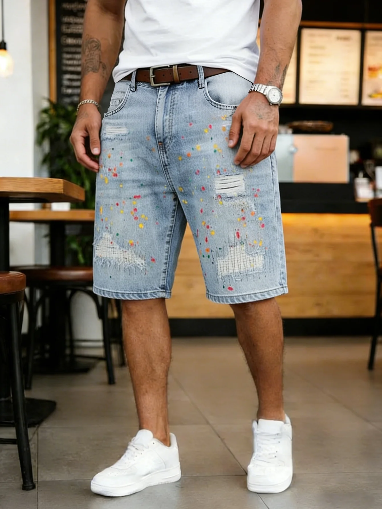 2026 New Men's Light Blue Washed Denim Shorts - Loose Fit Distressed Jean Shorts with Paint Splatter Details Streetwear, Vintage