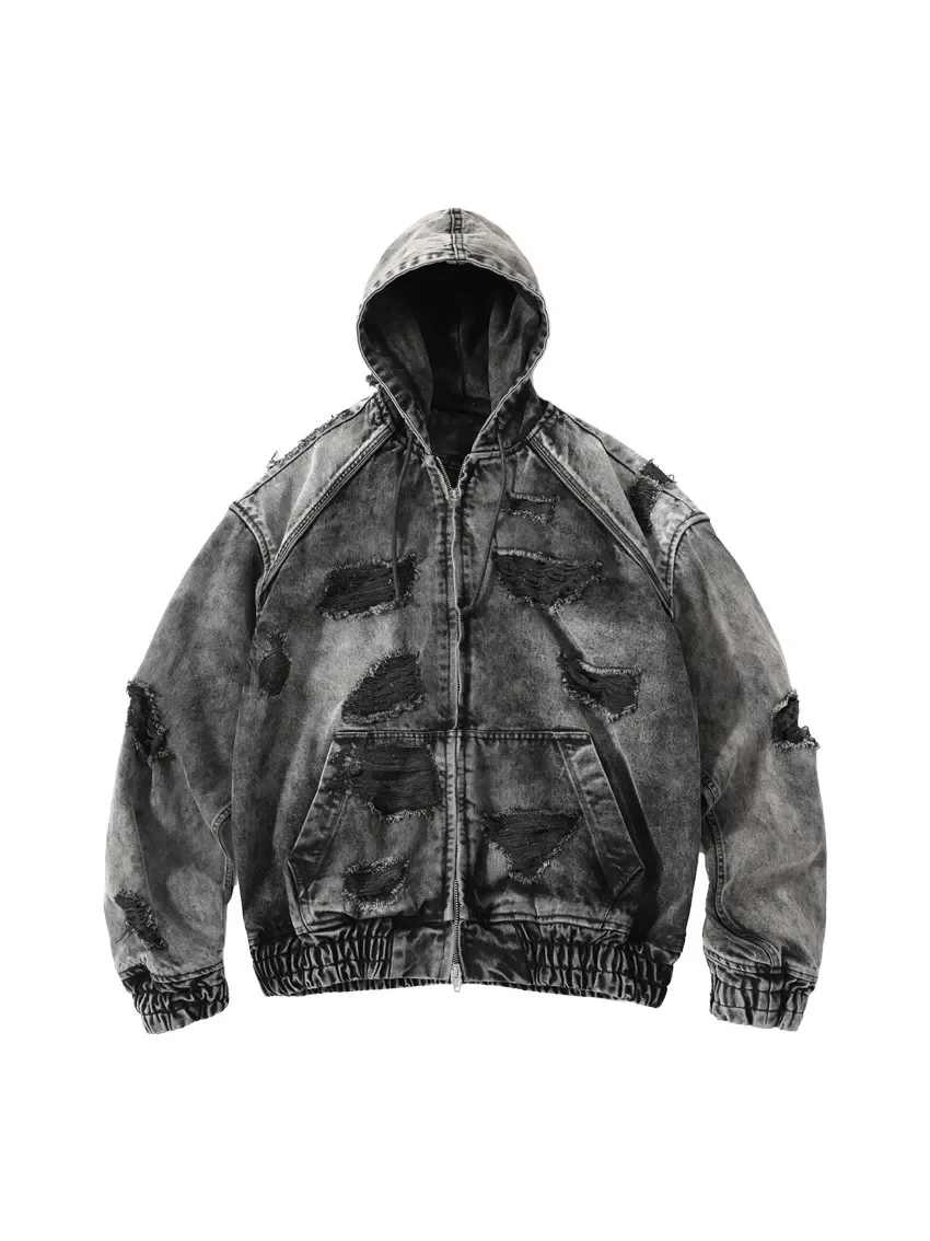 

Juunj wash do old damage erosive wasteland wind hooded denim jacket dirty fit