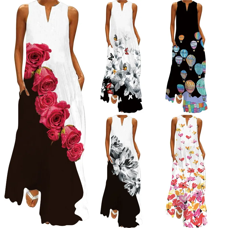 

2025Popular New Summer Women's Clothes Sleeveless DressvCollar Printed Emerald Flower Dress European and American New Women's Cl