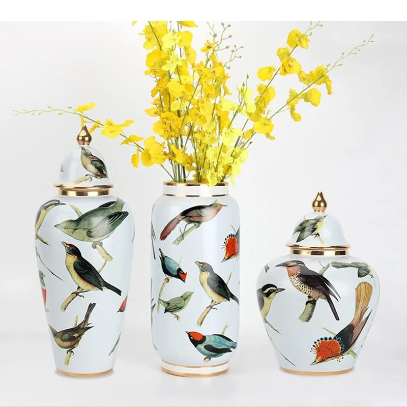 Magpie Pattern General Jar with Lids Gold Plated Ceramic Vases Flower Arrangement Home Storage Jewelry Jars Cosmetic Containers