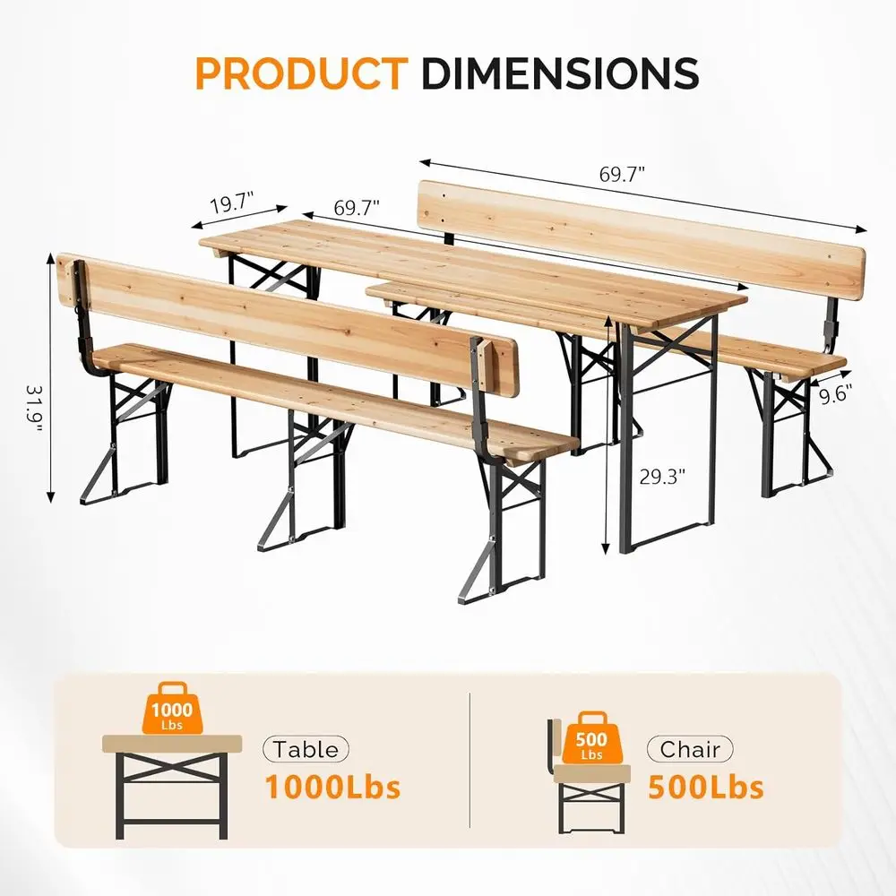 70 Weather-Resistant Wooden Picnic Table Set with Backrest Bench, Portable Outdoor Garden Furniture for Camping BBQ, Natural Woo