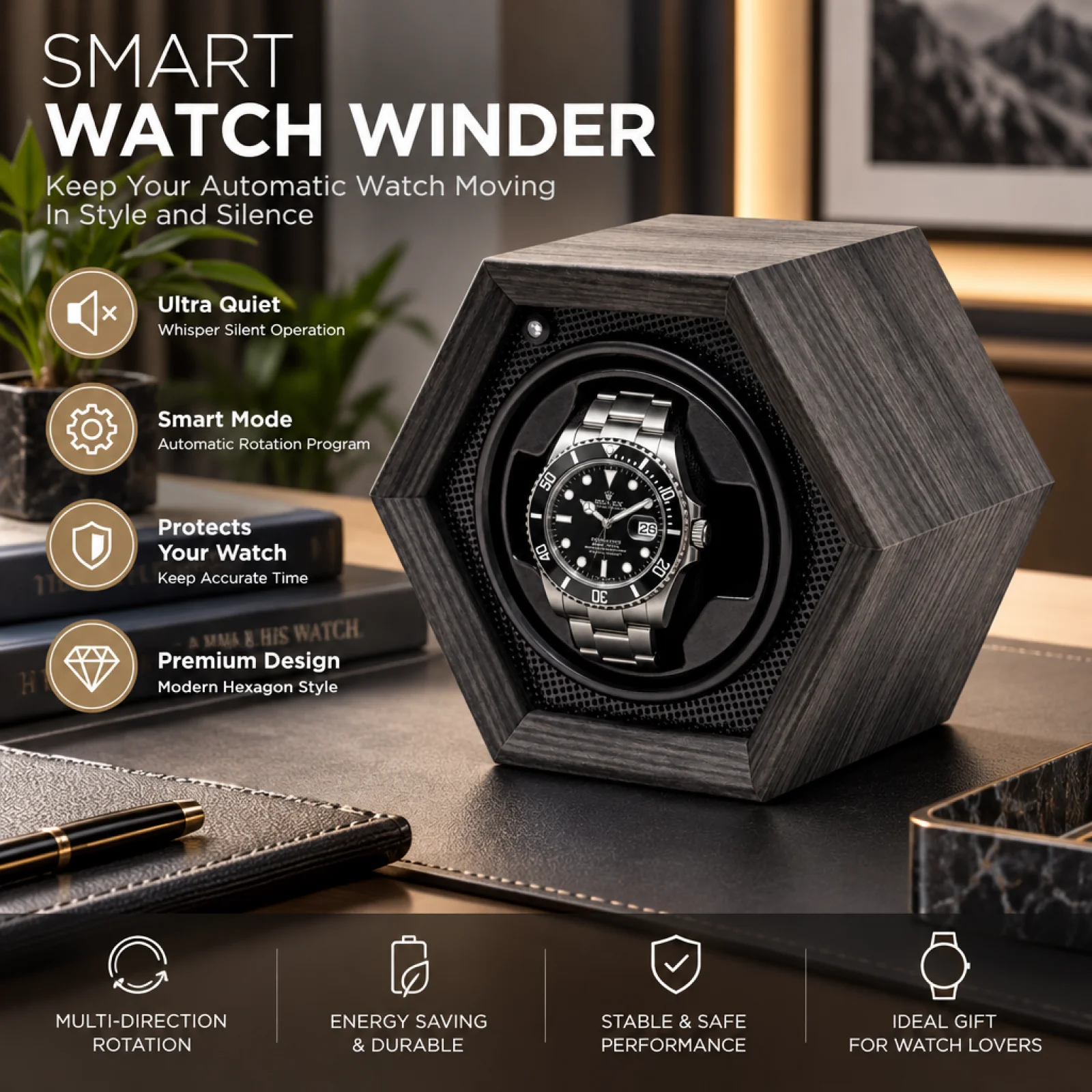 Single Automatic Watch Winding Box Hexagonal Automatic Watch Winding Box Compact for Dresser, Nightstand, Wardrobe