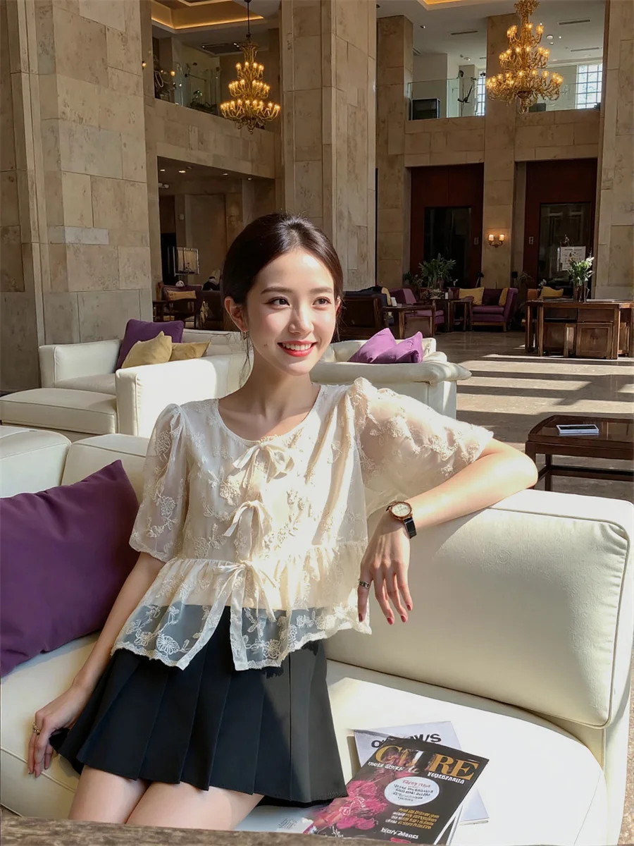 O-Neck Puff Sleeve Shirts Woman Aesthetic Blouses Women Top Autumn Abdominal Glitter Feelings V Shape Strength Slim Fiitting Ins