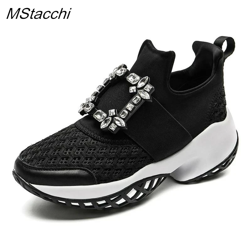 Crystal Buckle Womens Sneakers Elastic Breathable Mesh Platform Shoes Slip-on Trainers Sneakers Women Thick Bottom Casual Shoes