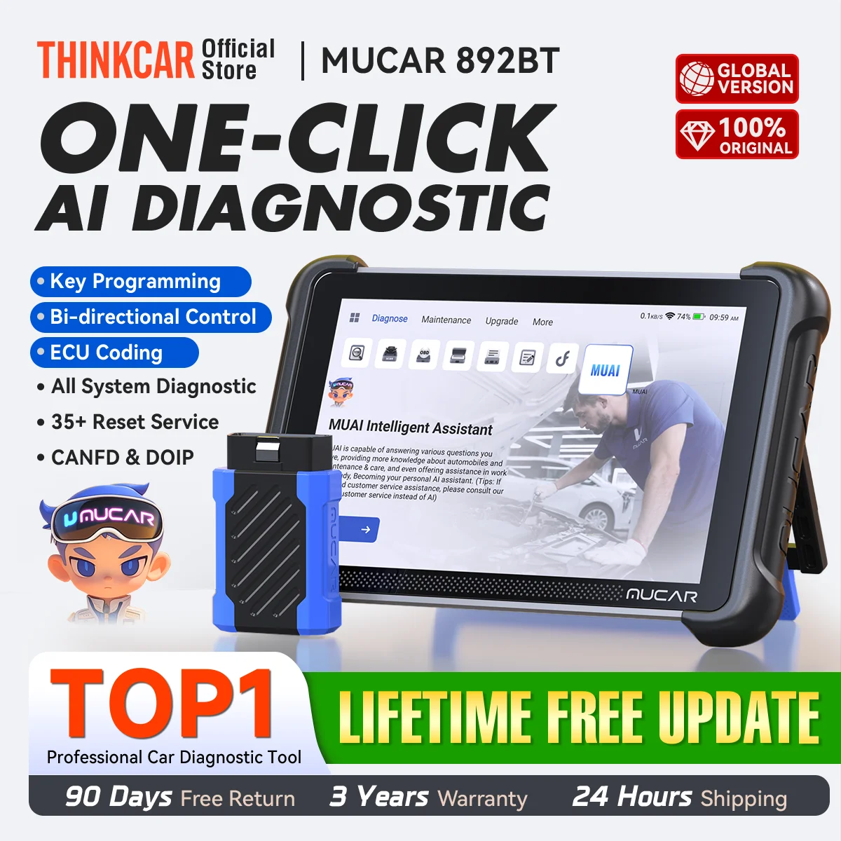 

MUCAR 892BT AI Automotive Diagnostic Tool Key Programming Bi directional Obd2 Scanner ECU Coding CANFD DOIP 35 Resets Life Free