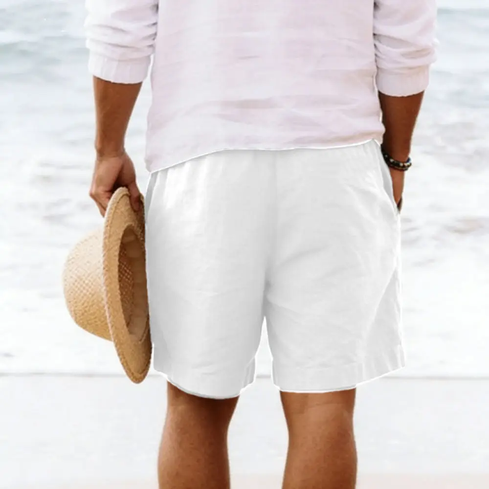 Casual Mens Cotton Linen Shorts Summer Beachwear Breathable Elastic Waist Straight Loose Fit Daily Comfortable Male Pants