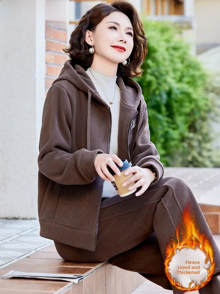 

Thiened Fce Autumn Winter Jaet Spor Casual Top for Middle-Aged Women Zipper ort Sle Two-Piece Set Hooded Coat