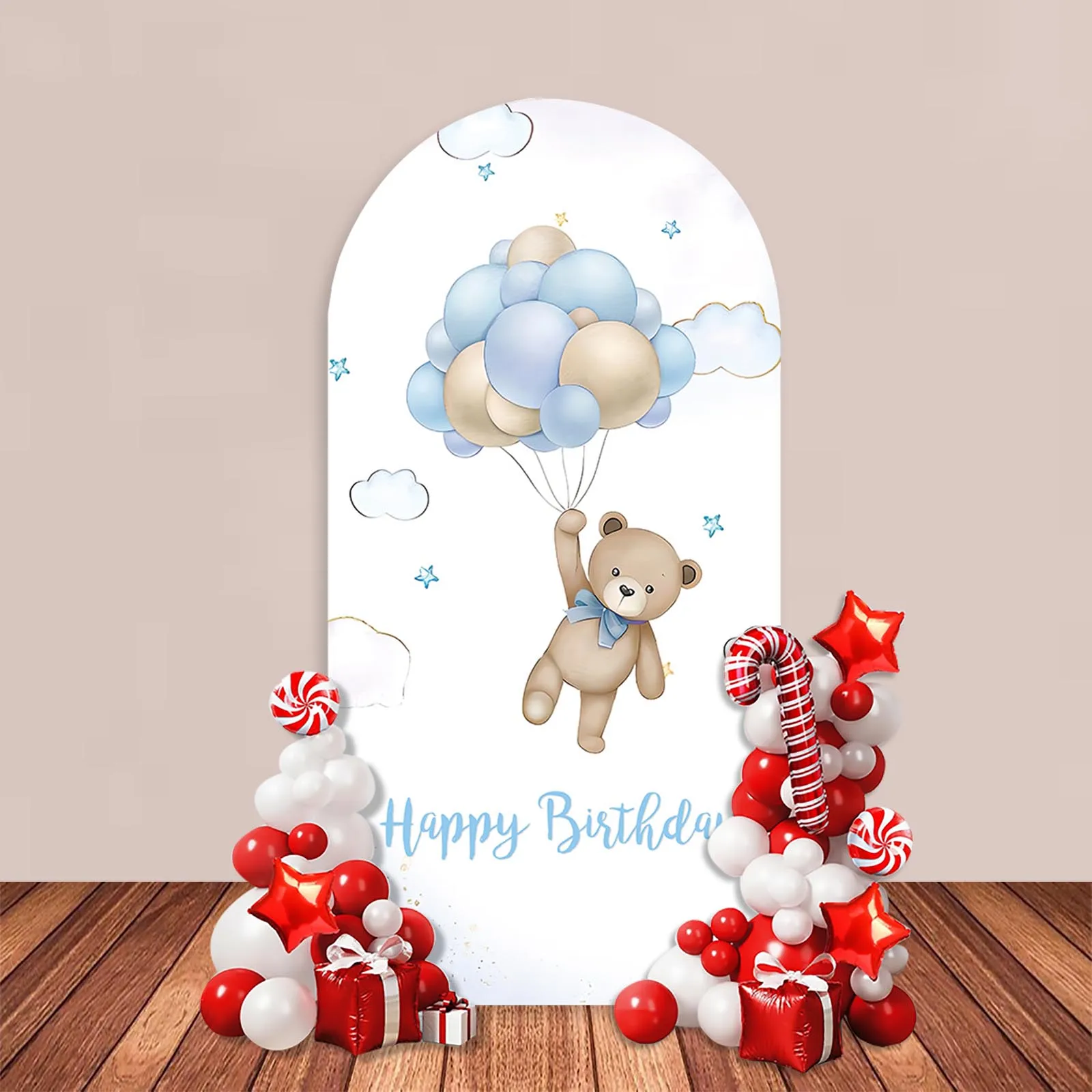 Happy Birthday Arch Backdrop Cover Hot Air Balloons Cute Bear Stars Cloud Arch Elastic Wall Background Boy Birthday Party Decor