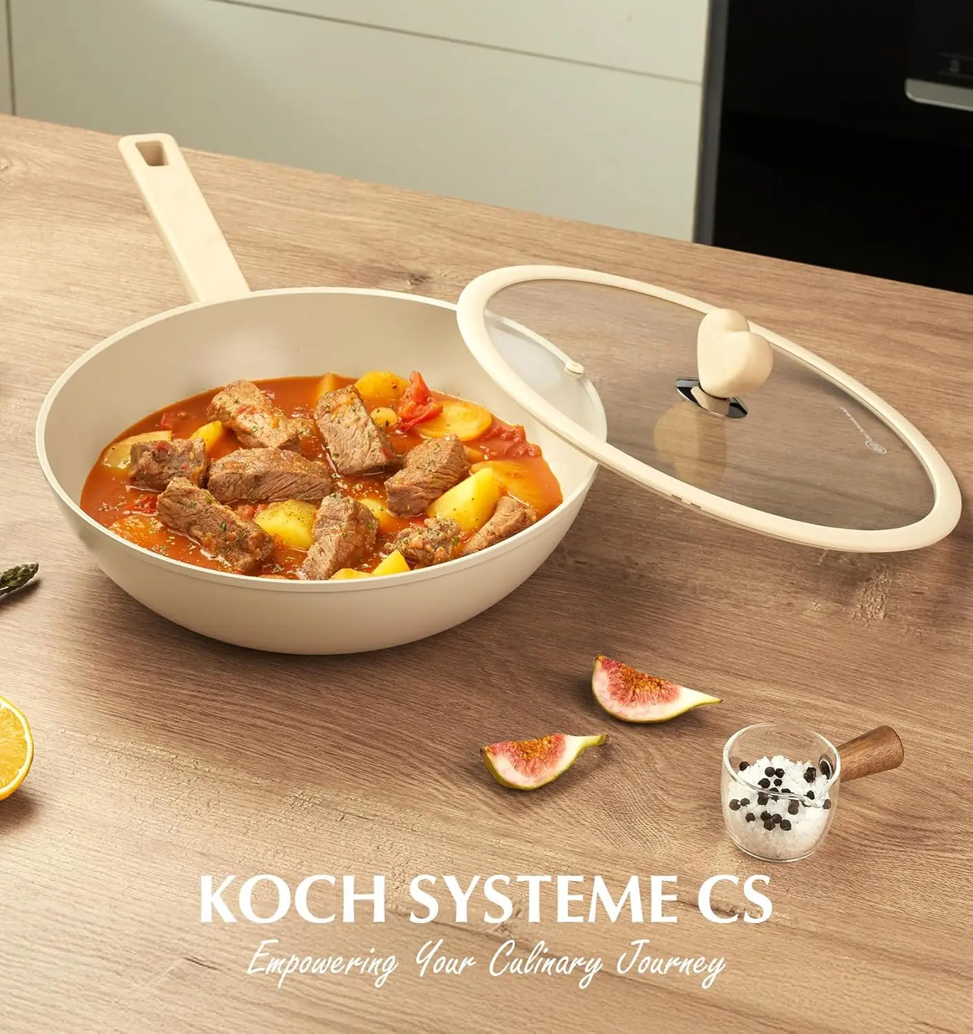 

KOCH SYSTEME CS 11-дюймовая сковорода-вок с антипригарным кремовым интерьером, вок с антипригарным покрытием и ручками в форме сердца Cool-touch