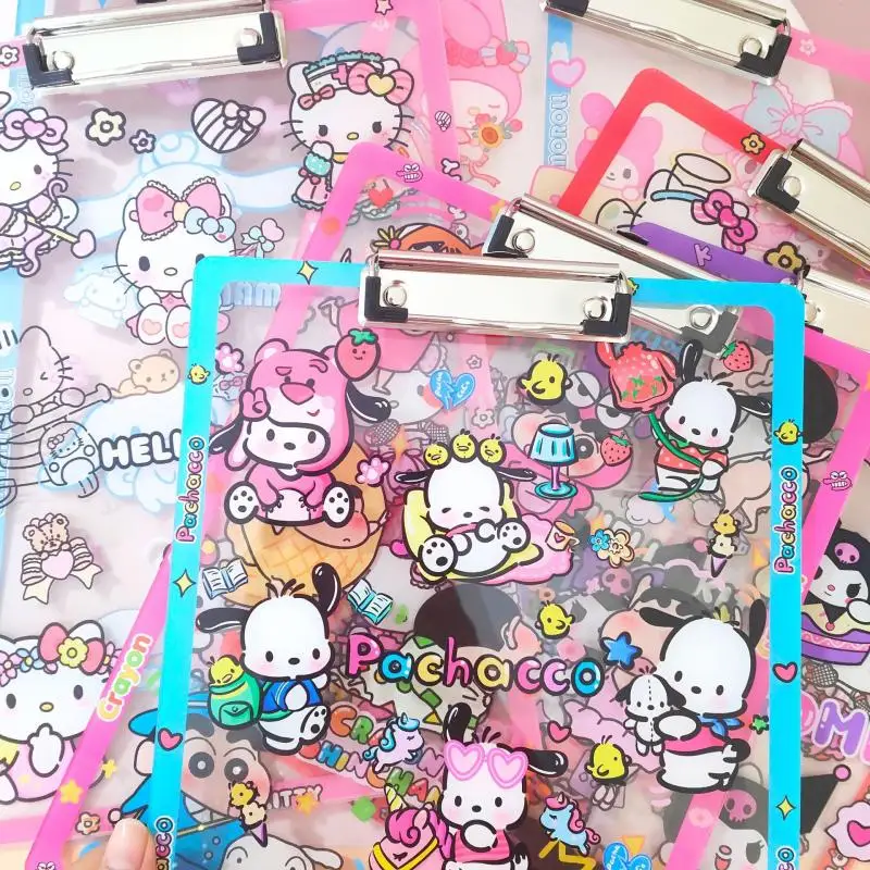 Sanrio Student Folder Kawaii Anime Cartoon Crayon Shin-Chan Cinnamoroll Hellokitty Acrylic Transparent A4 Document Storage Clip