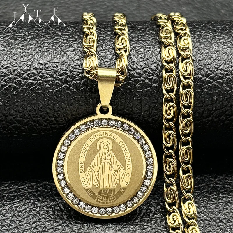 Hip Hop Virgin Mary Medal Pendant Necklace for Women Men Stainless Steel Gold/Silver Color Rhinestone Christian Chain Jewelry