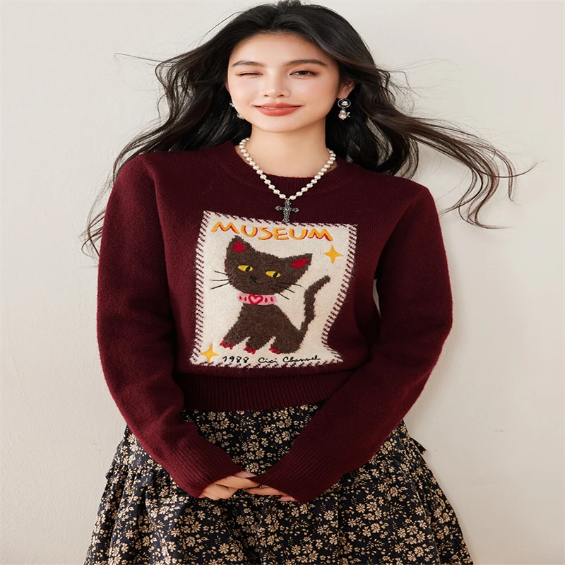 Otoño Invierno moda Slim grueso cálido suéteres con cuello redondo ropa de mujer Vintage dibujos animados Jacquard lana suave jerseys de punto rojo