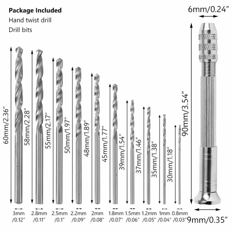 Stainless Steel Hand Drill Miniature and Model Set for Miniature Modelling Pinning Tool Mini Twist Drill Bits with 10 Drill Bits