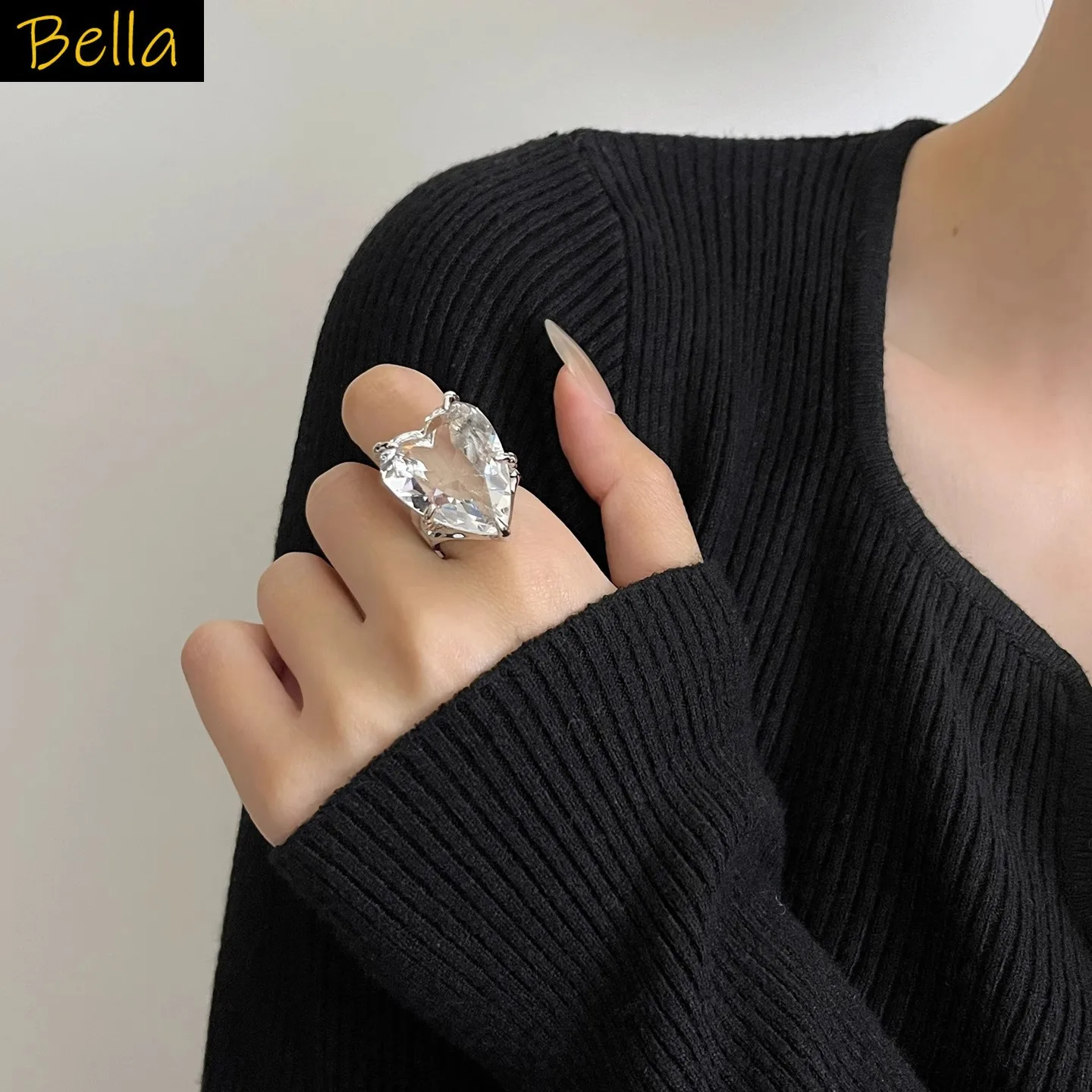 

cute heart ring for women big transparent artificial gemstone open ring metal gold silver color jewelry