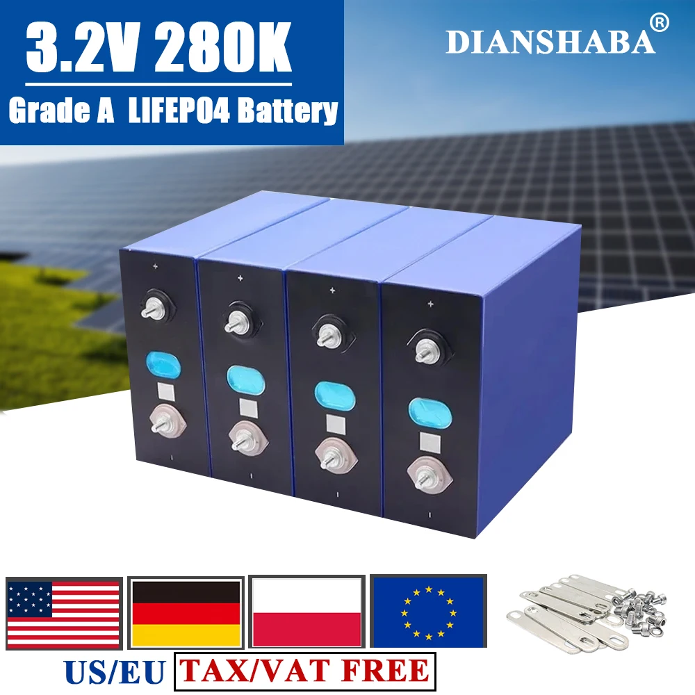 

Новый аккумулятор GRADE A LiFePo4 3,2 В 280 К для DIY 12 В 24 В 48 В RV для хранения солнечной энергии, зарядная батарея на 6000 циклов без TAX