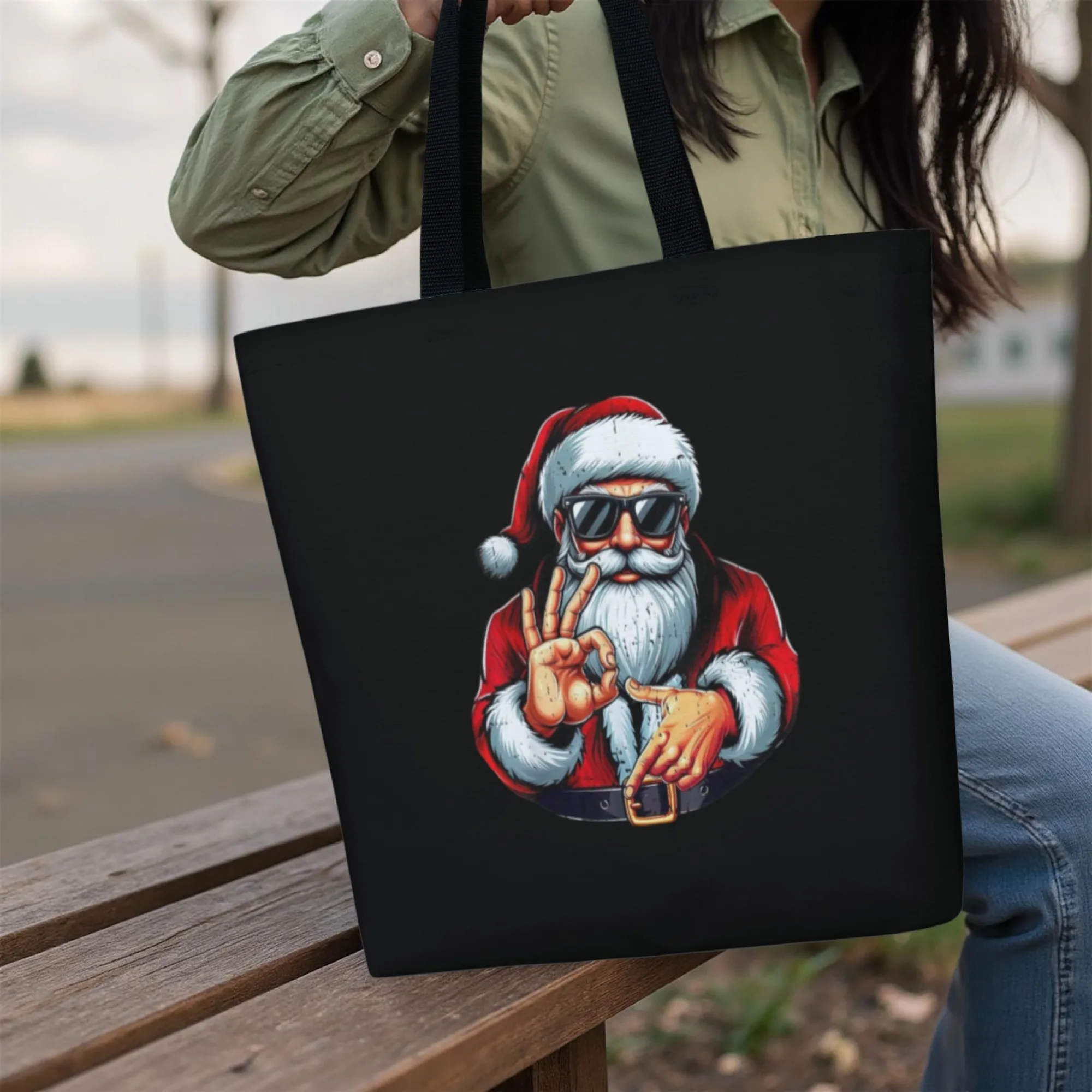 Bolso de mano negro con estampado de tema de gesto de mano de Papá Noel 67 de moda, bolso de hombro para mujer, regalo ecológico y elegante adecuado para adolescentes