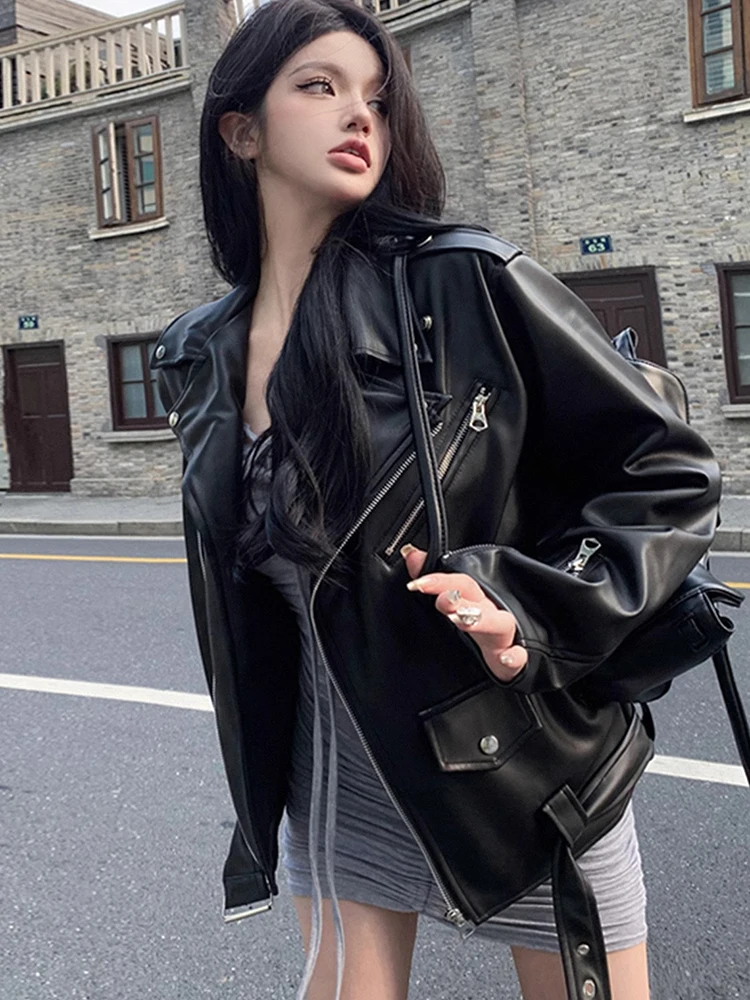 American Style Cool Streetwear Leather Jacket Women's Early Spring New Loose PU Leather Motorcycle Clothes Elegant