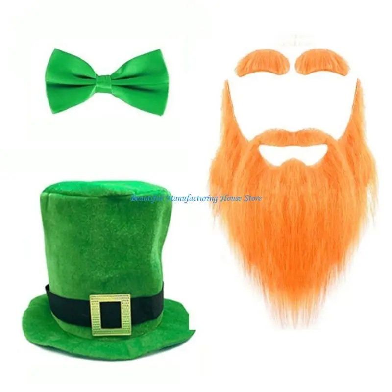 

E56A Green Tall Hat Beard Bowtie Irish National Day Costume Set StPatrick Day Supply