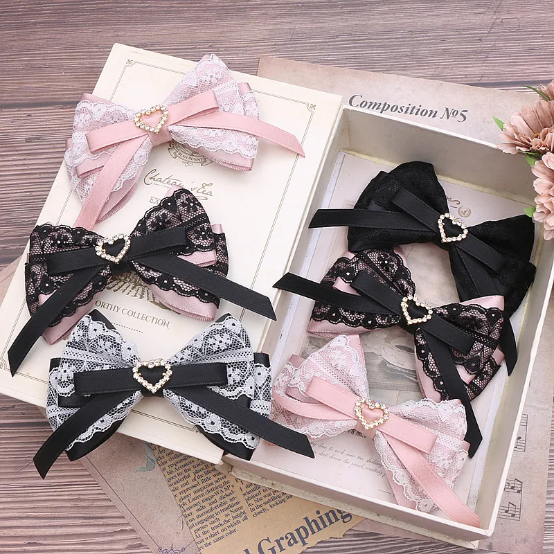 

1 Pair Lace Lush Hairpin Women's Hair Bow Rhinestone Chic Soft Color Lo Larme Kei Hair Clips Feminine Ornament