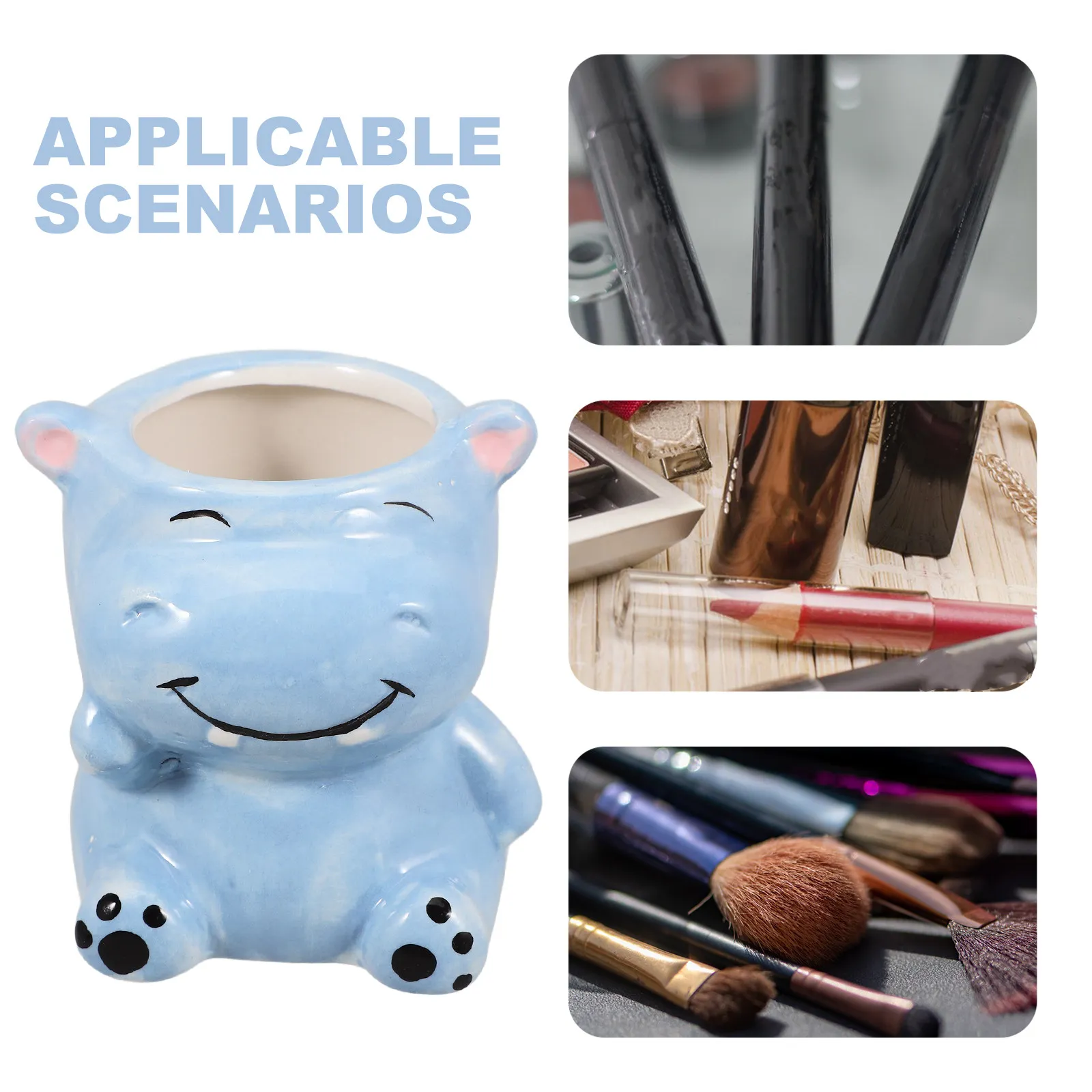 Adorable Ceramic Hippo Makeup Brush Holder Organizer Keeps Eyeliners Eyebrow Pencils Brushes Neat Stylish Animal Shaped Vanity