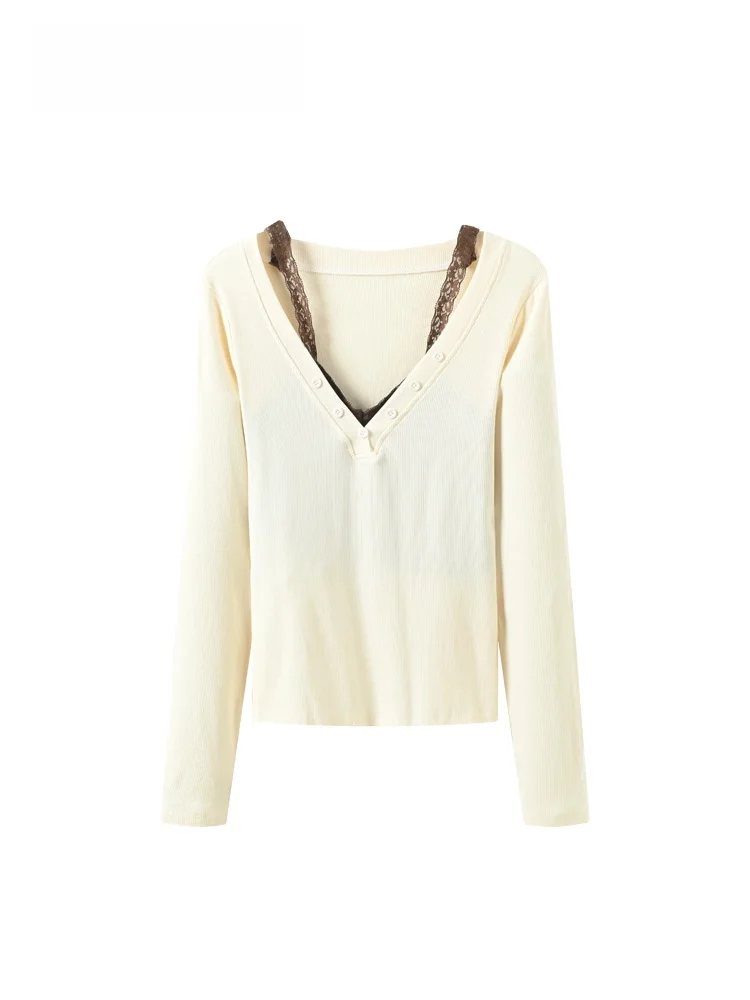 

CaraCLUB plus Size Long Sve V-Ne T-irt Women's Loose Fit Conceal Meat Slimming Fake Two-Piece Top Autumn Regular Polye...