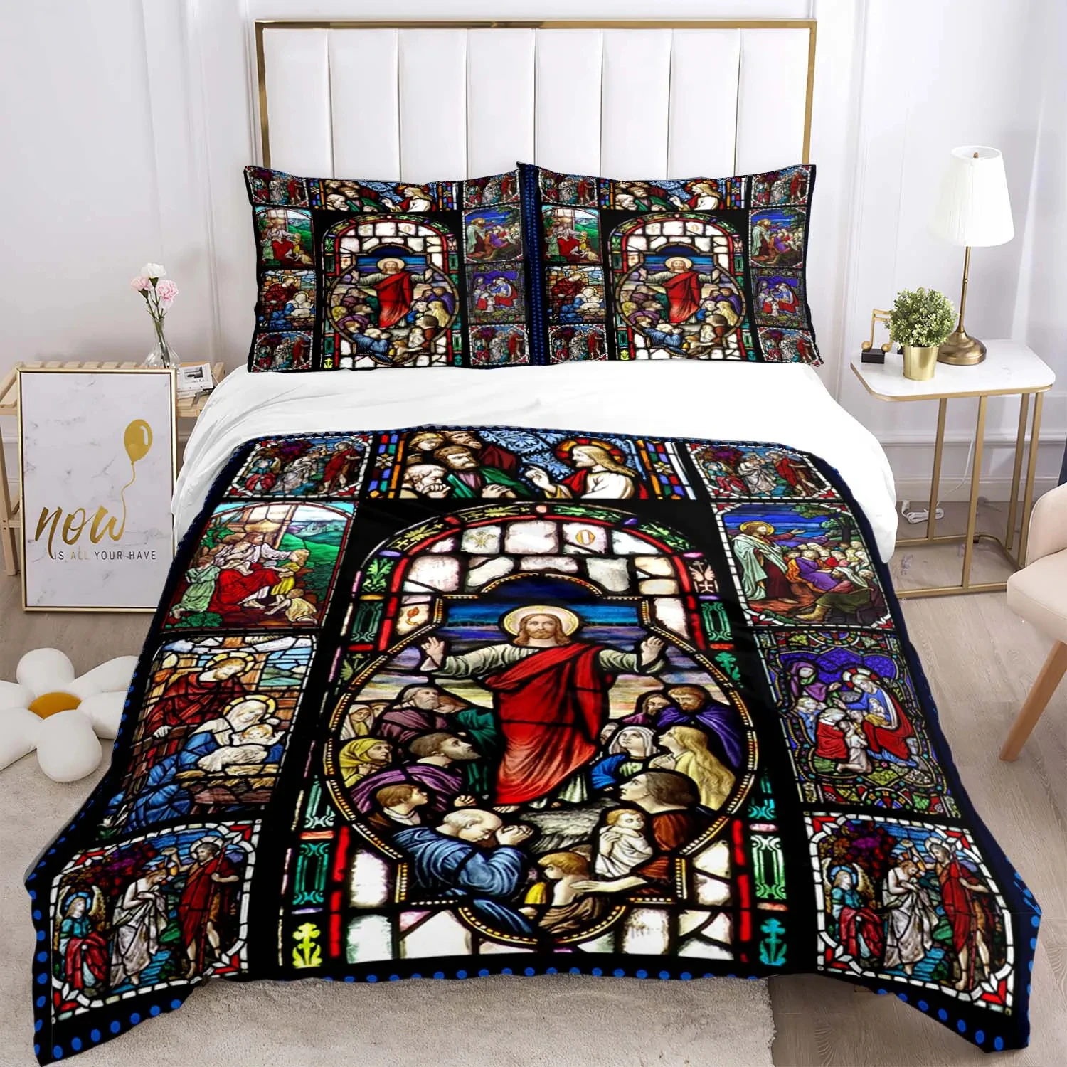 Jesus Virgin Mary Bedding Set Halloween Horror Movie Duvet Covers Kids Bed Linens Decor Bedclothes with Pillowcase No Sheet 3pcs