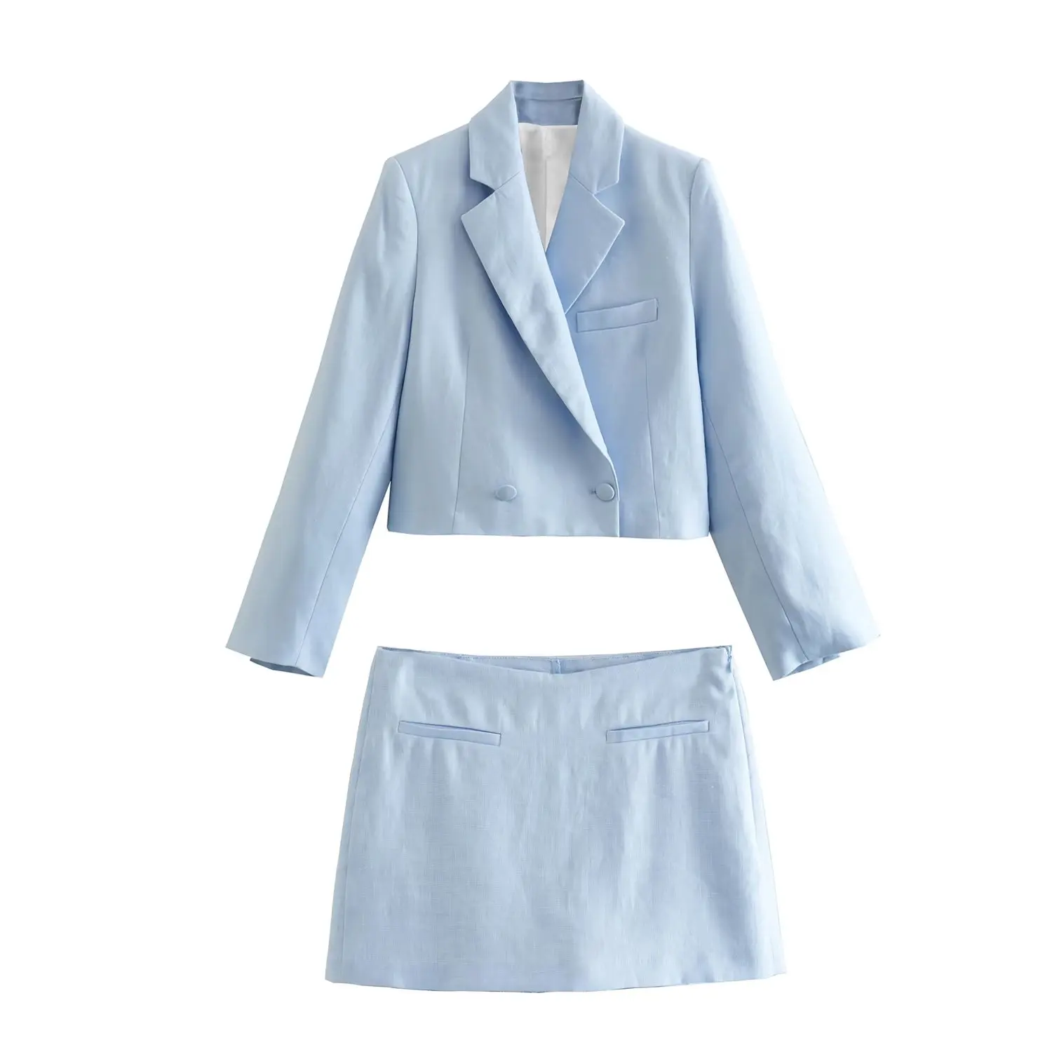 TRAF 2023 Women Summer Solid Casual Woman Suits Light Blue V Neck Short Blazer Zipper Mini Sexy Skirt Shorts Fashion Women Sets