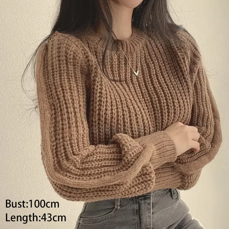 سترة قصيرة غير رسمية بلون واحد أنيقة دافئة للنساء تريكو 2025 خريف شتاء المرأة س الرقبة فانوس كم متماسكة البلوز