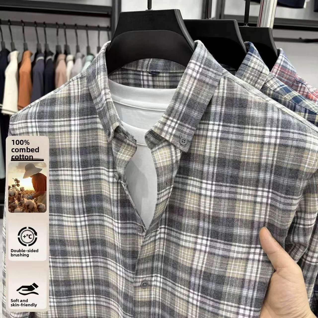 2026 Spring and Autumn New Men's Woolen 100% Cotton Long Sleeve Shirt with Plaid Casual Warmth, Fashionable and Versatile