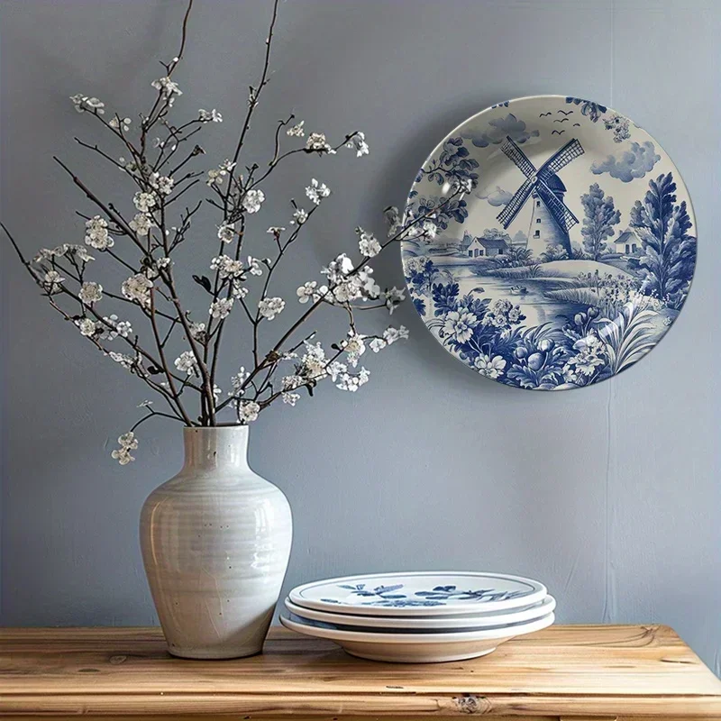1pc Dutch Windmill Ceramic Wall Plate - Vintage European Windmill Relief Round Dutch Barn Door Decor, Ceramic Hanging Plate for
