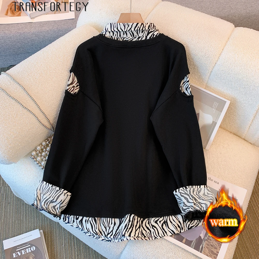 Plus size women's winter thickened casual hoodie fake two loose and comfortable black patchwork tops 2024 new women's clothing