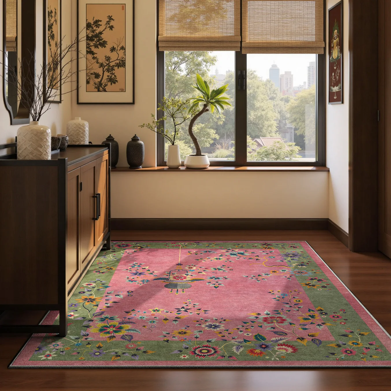 DSA Vintage Classic Floral Pink Pale Green Frame Bedroom Living Room Non-Slip Carpet Floor Mat