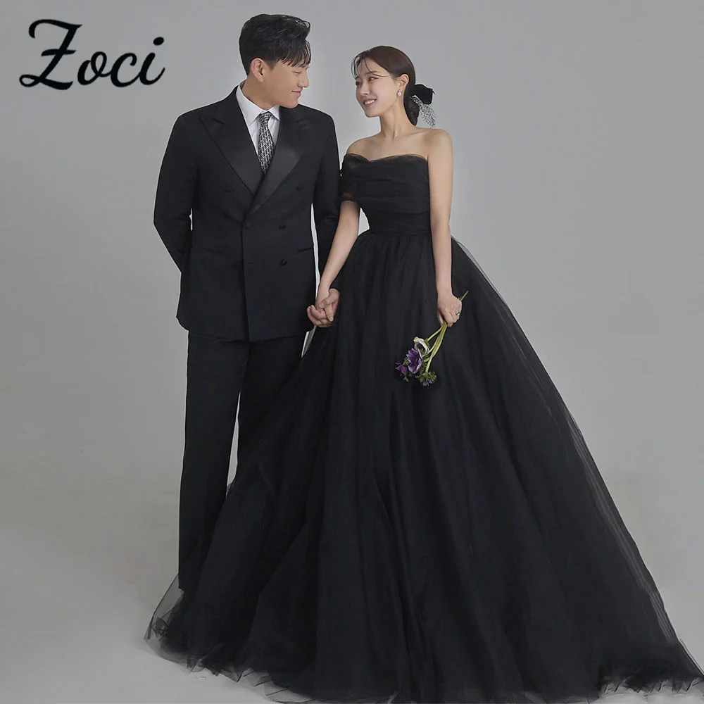 

Zoci Vintage Sweetheart Black A Line Wedding Dresses Photos Shoot Customised Fairy Puffy One Shoulder Evening Reception Dress