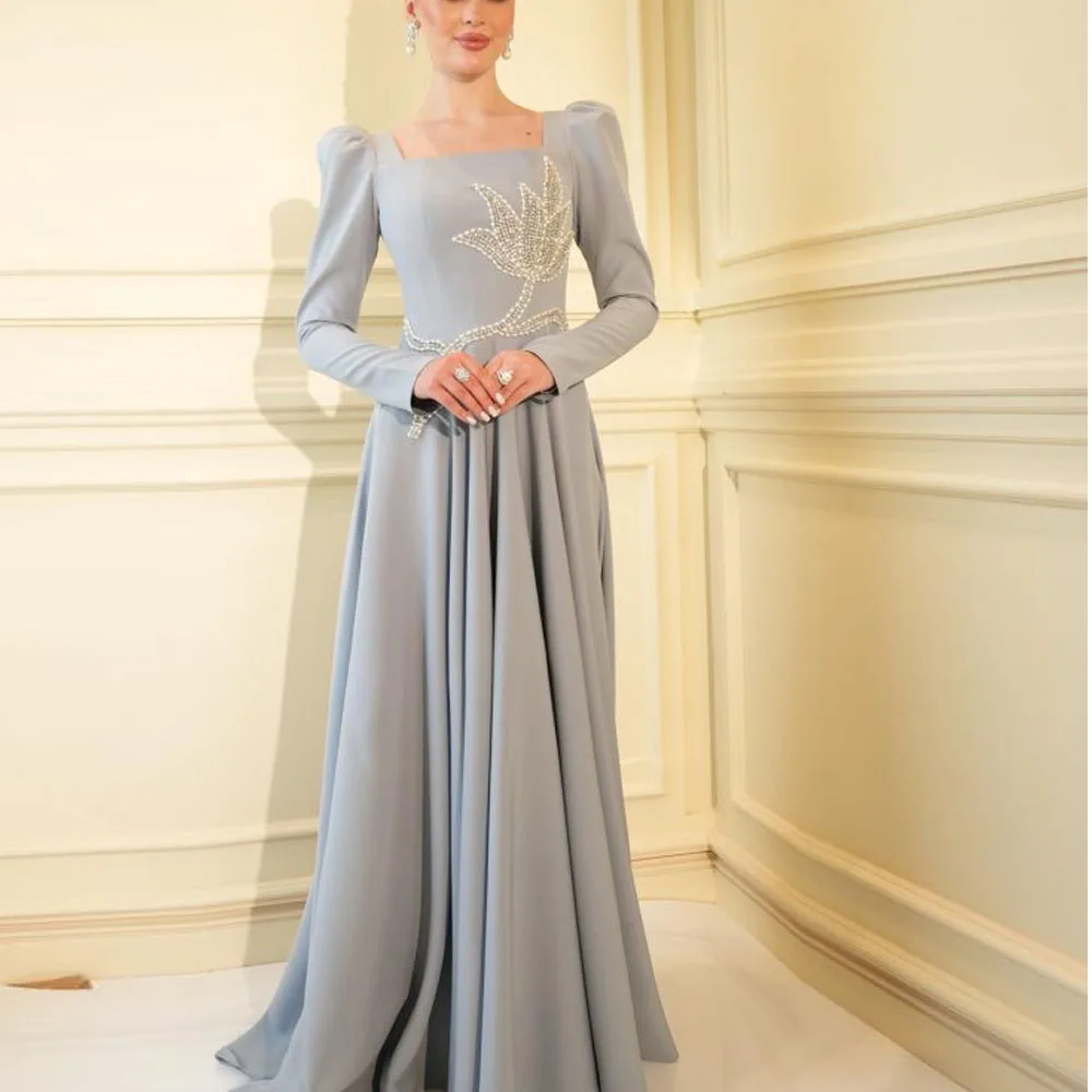 

Customized Elegant Beading Prom Dresses Square Neck Full Sleeve Formal vestidos de fiesta Grey Satin robe de soirée de mariage