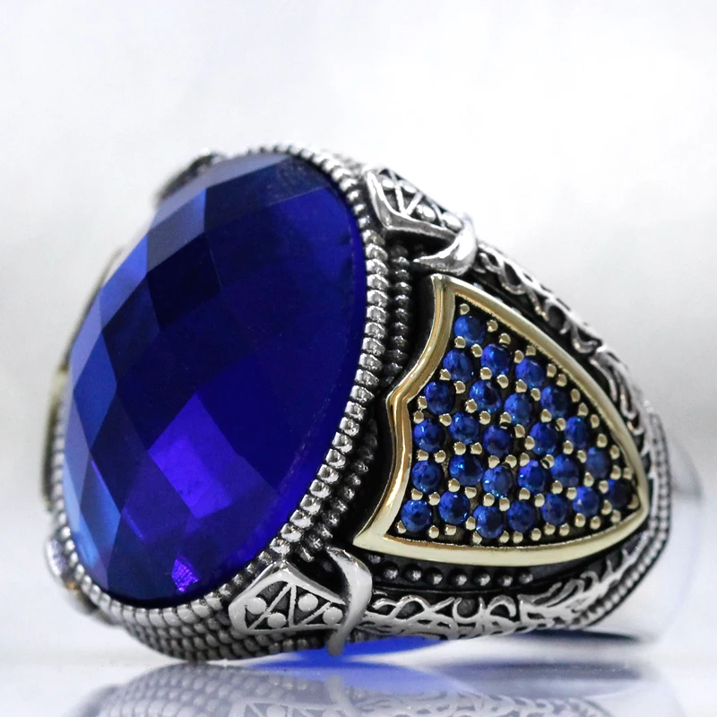 Punk Hip Hop s925 Sterling Silver Türkiye Men\'s Handmade Ring Fashion Blue Glass Stone Luxury Valentine\'s Day Party Jewelry Gift
