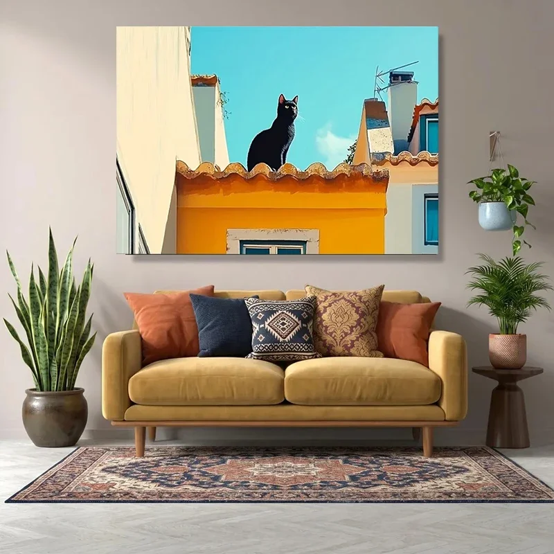 Multiple sizes 1pc frameless Canvas Painting,Cat Lover Black Cat on An Orange Roof in Greece Poster and Prints Canvas Painting W