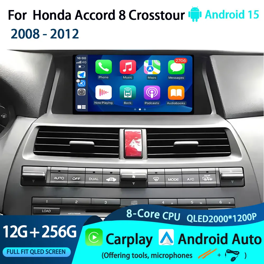 Android 15 Car Radio Multimedia Video For Honda Accord 8 Crosstour 2008 - 2012  Player GPS Stereo Auto CarPlay Navigation BT