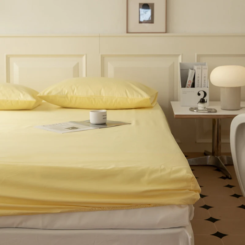 

ins solid color mattress single piece 100 pure cotton goose yellow dust bed cover mattress protective cover three-piece set